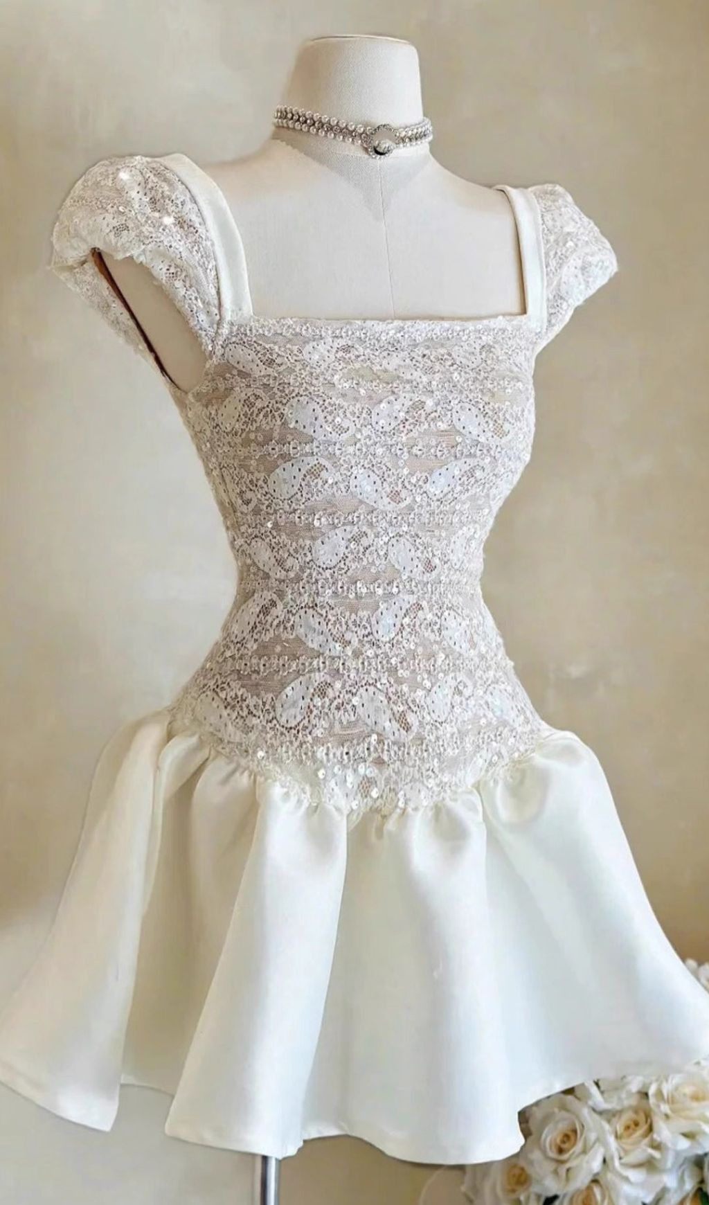 Iraia Elegant White Crochet & Satin Mini Dress