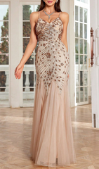 Gevvie Dazzling Sequin & Mesh Maxi Dress