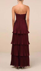 Ensio Wine Strapless Tiered Pleated Maxi Dress