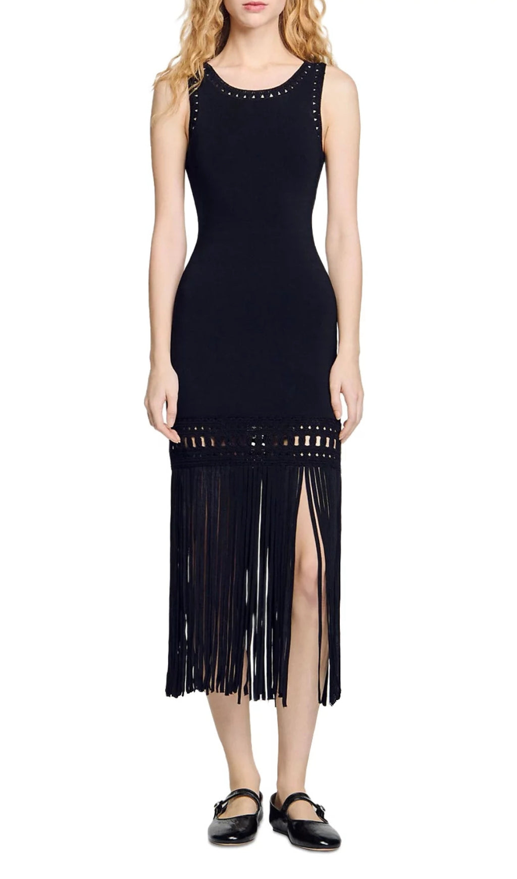 Chic Black Studded Neck Fringe Knit Midi Dress for Women