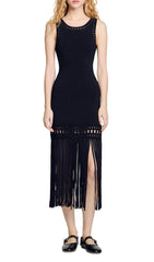 Chic Black Studded Neck Fringe Knit Midi Dress for Women
