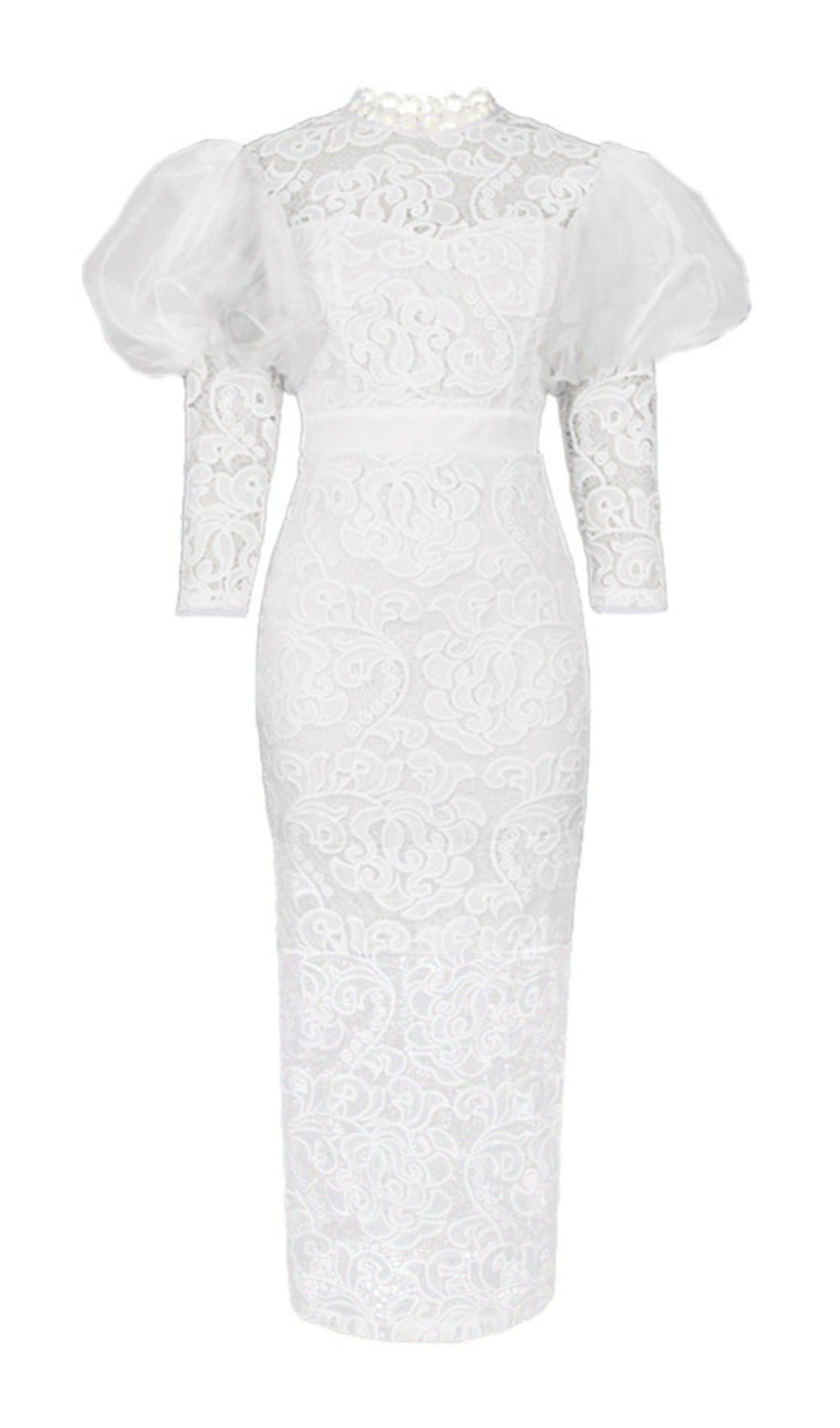 Elegant White Lace Puff Sleeve Midi Dress