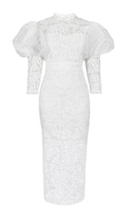 Elegant White Lace Puff Sleeve Midi Dress