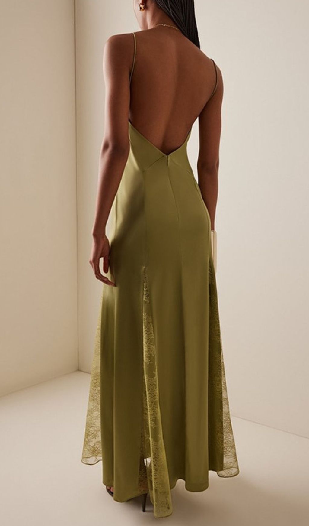 Haldis Elegant Olive Green Lace-Panel Maxi Dress