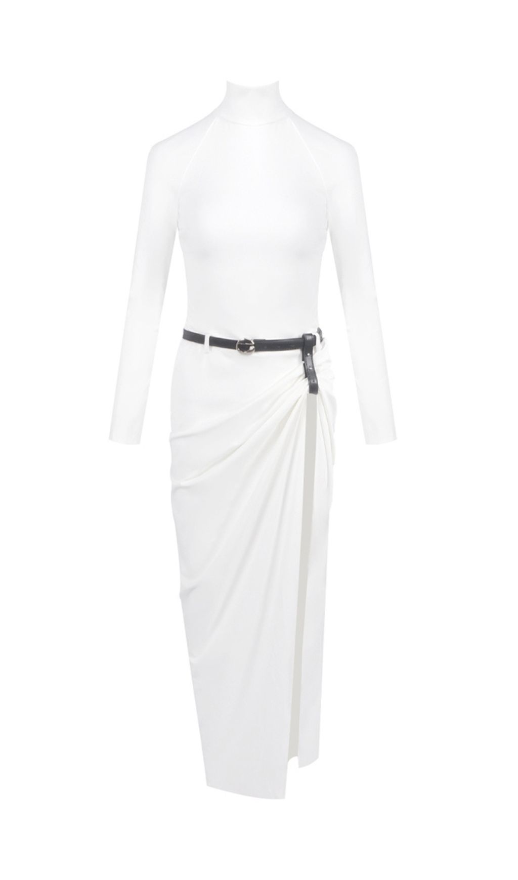 Fedora White Long Sleeve Turtleneck Draped Maxi Dress with Belt