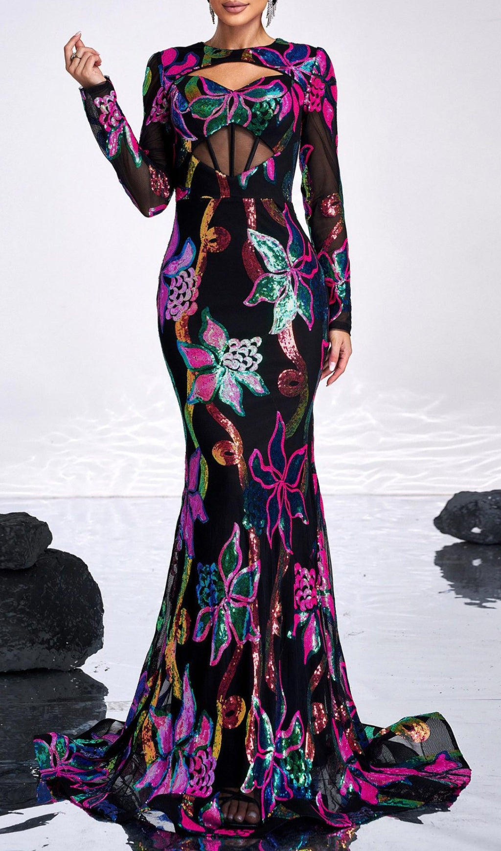 Dazzling Carman Vibrant Floral Sequin Long Sleeve Gown