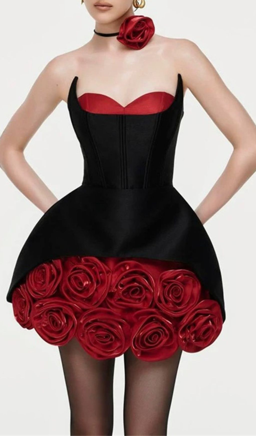 Ildiko Black Strapless Corset Mini Dress with Red Roses
