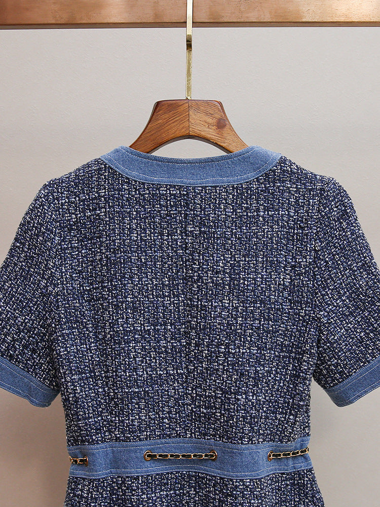 Chic Tweed & Denim Mini Dress with Gold Chain Accents