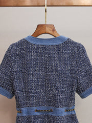 Chic Tweed & Denim Mini Dress with Gold Chain Accents