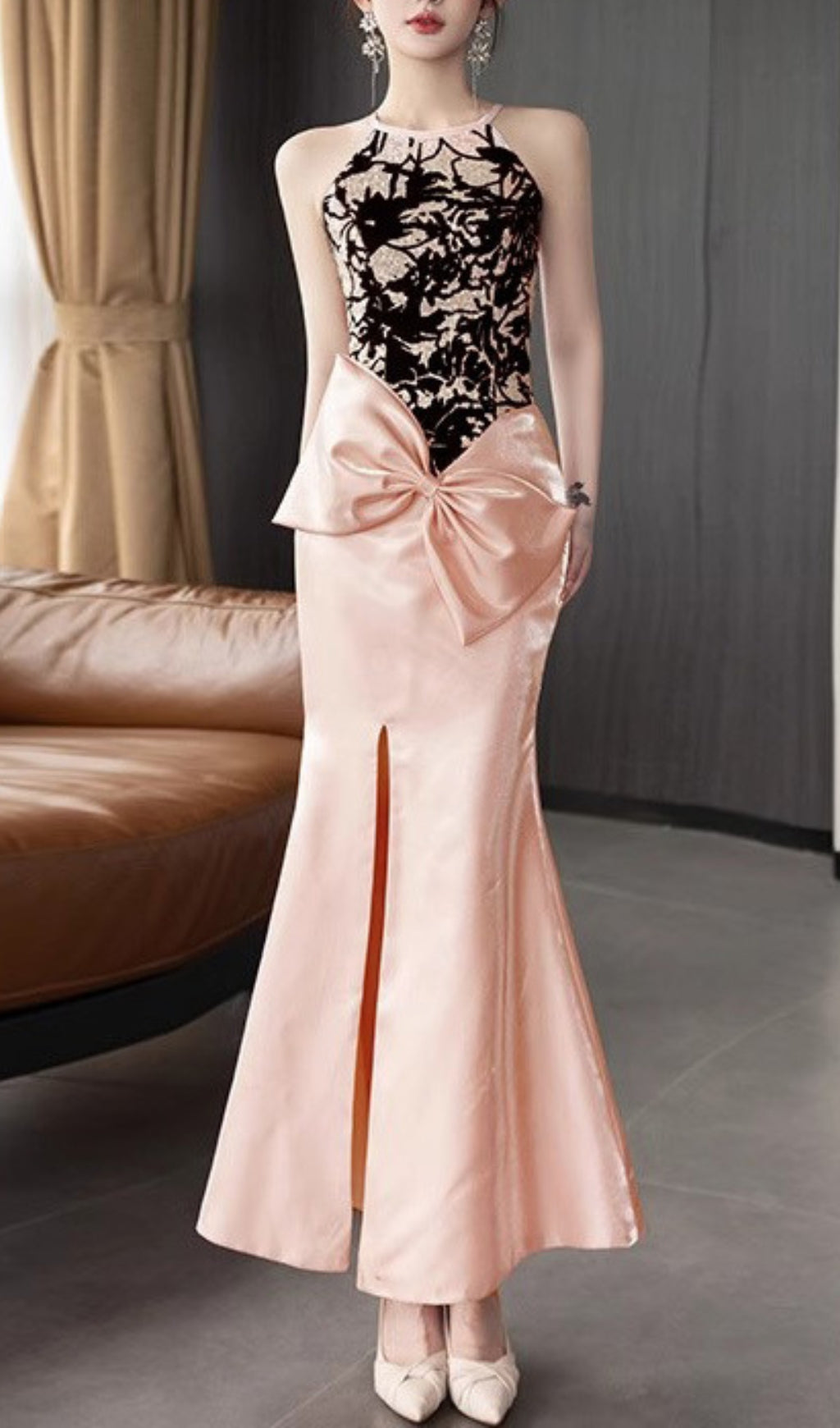 Earleen Statement Pink Halter Bow Mermaid Gown