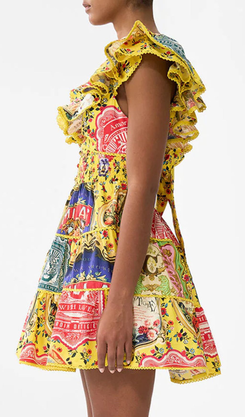 Gelsey Vibrant Yellow Patchwork Print V-Neck Ruffle Mini Dress