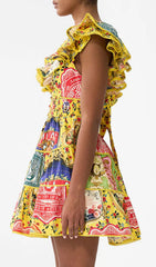 Gelsey Vibrant Yellow Patchwork Print V-Neck Ruffle Mini Dress