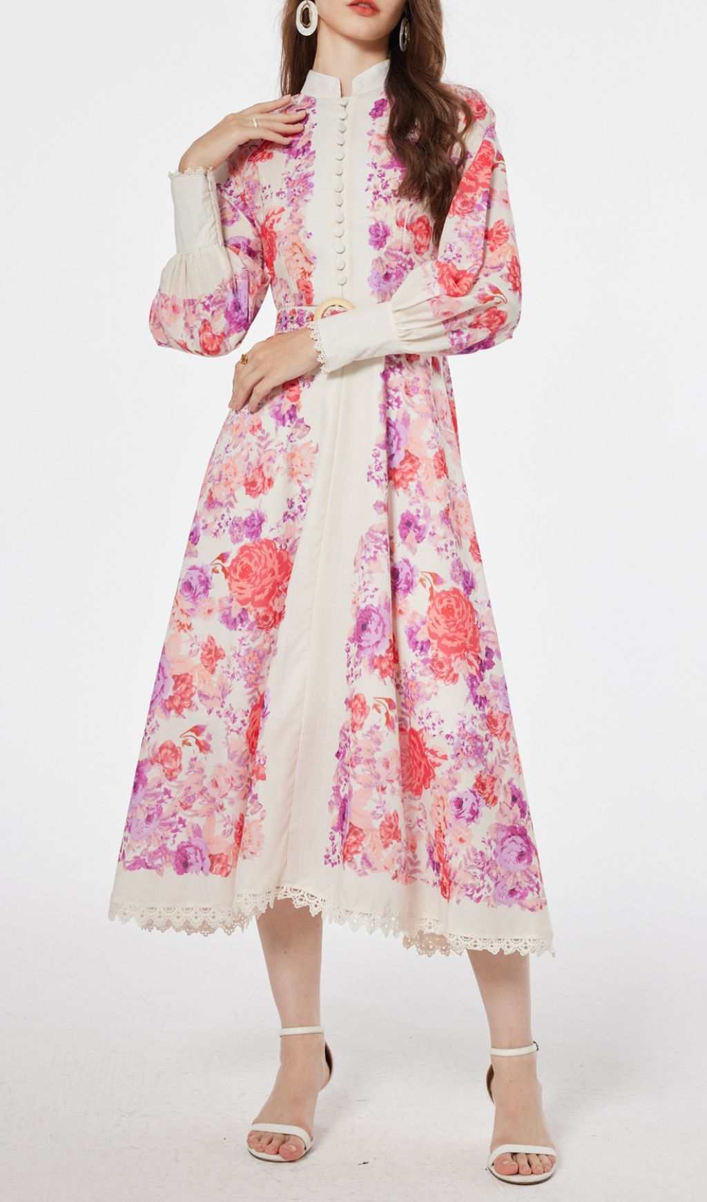 Jarl Elegant Pink Floral Long Sleeve Midi Dress