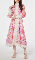 Jarl Elegant Pink Floral Long Sleeve Midi Dress