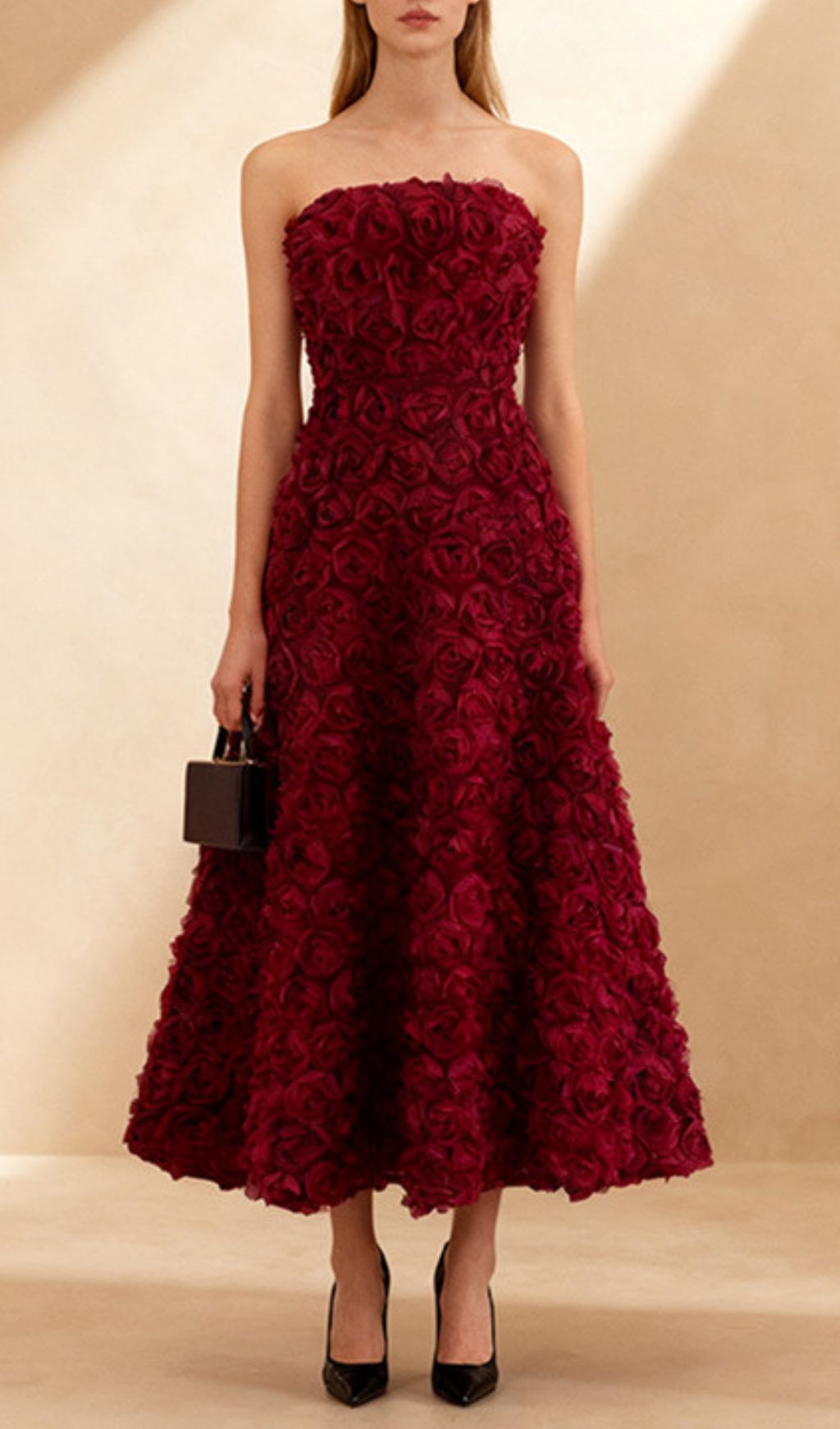 Ikuyo Wine Strapless Rose Midi Dress