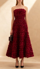 Ikuyo Wine Strapless Rose Midi Dress
