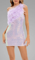 Dazzling Purple Sequin Feather One-Shoulder Mini Dress