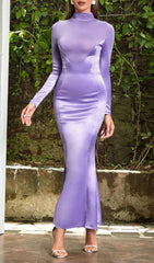 Cyra Luxurious Purple Satin Long Sleeve Maxi Dress