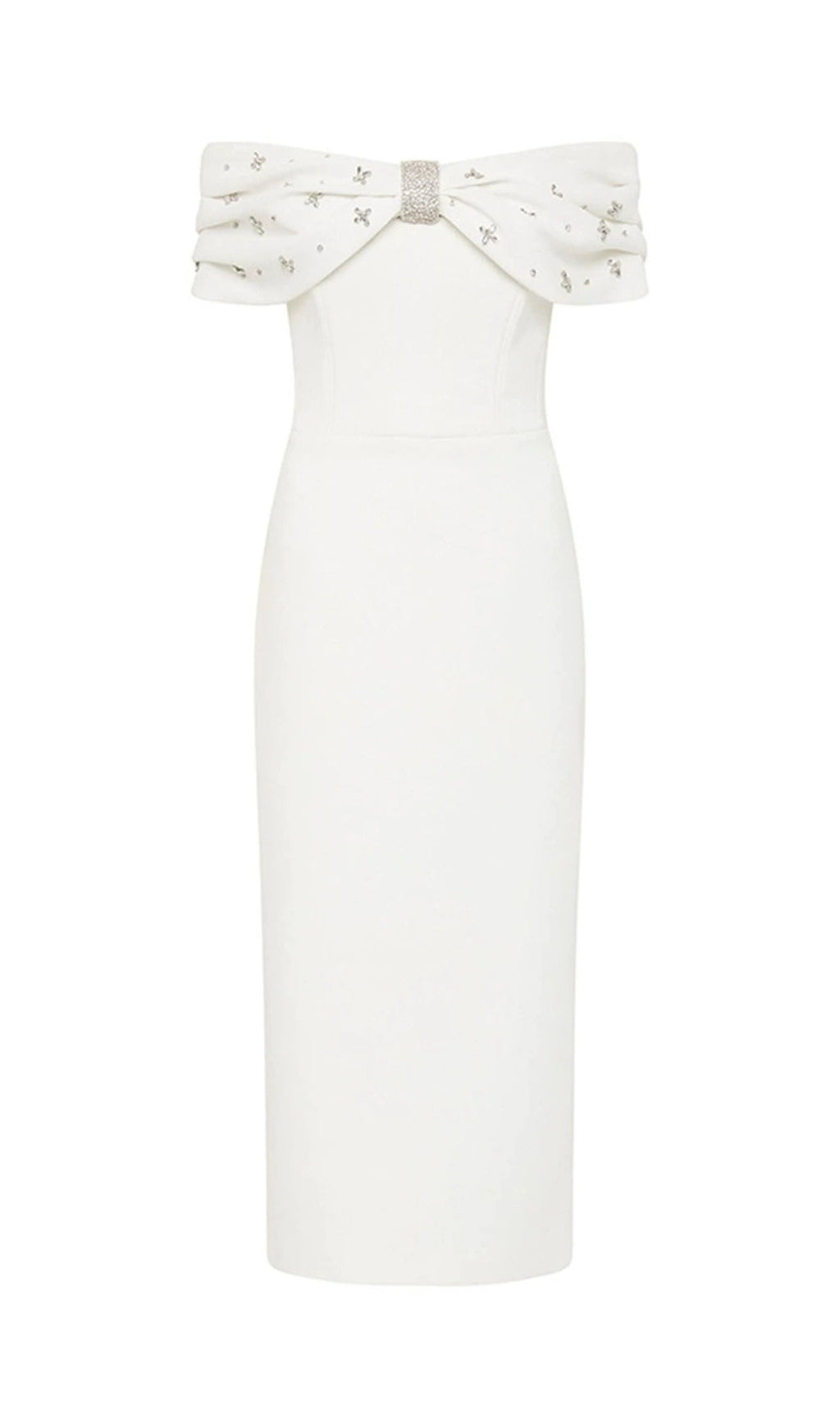 Glamorous White Crystal Off-Shoulder Midi Dress
