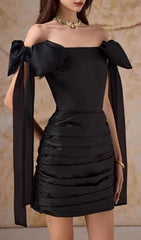 Floriza Black Off-Shoulder Bow Ruched Bodycon Mini Dress