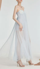 Fintan Ethereal Blue Strapless Mesh & Lace Maxi Dress