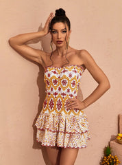 Embroidered Boho Strapless Ruffle Mini Dress for Women