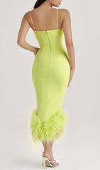 Vibrant Yellow Feather Trim Midi Dress