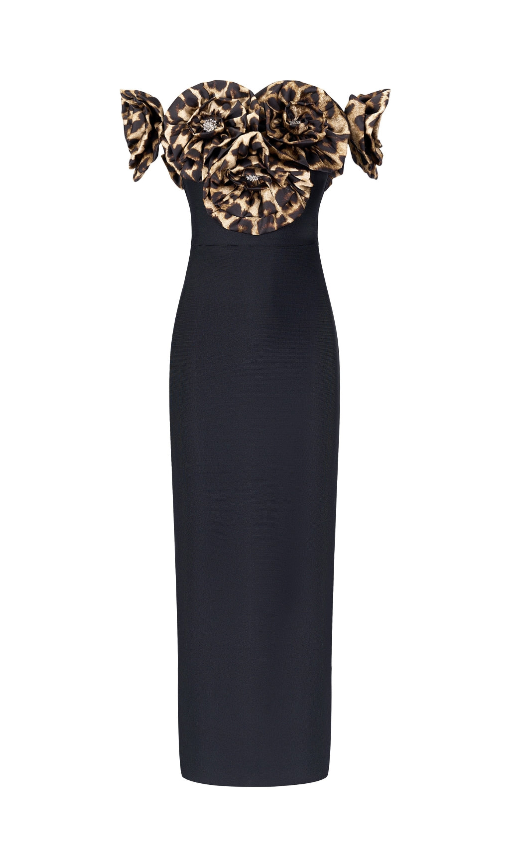 Dorona Elegant Black Leopard Floral Off-Shoulder Bandage Maxi Dress
