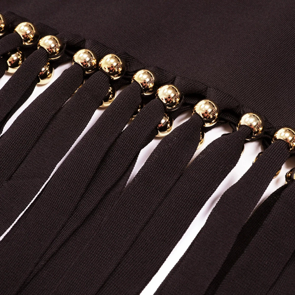 Chic Black Sleeveless Knit Midi Dress with Gilded Tassel Fringe