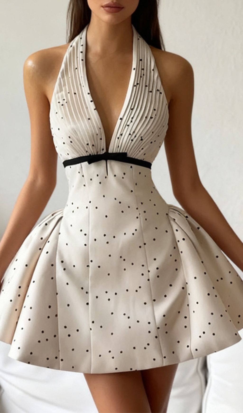 Isamar Chic Polka Dot Halter V-Neck Mini Dress