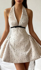 Isamar Chic Polka Dot Halter V-Neck Mini Dress