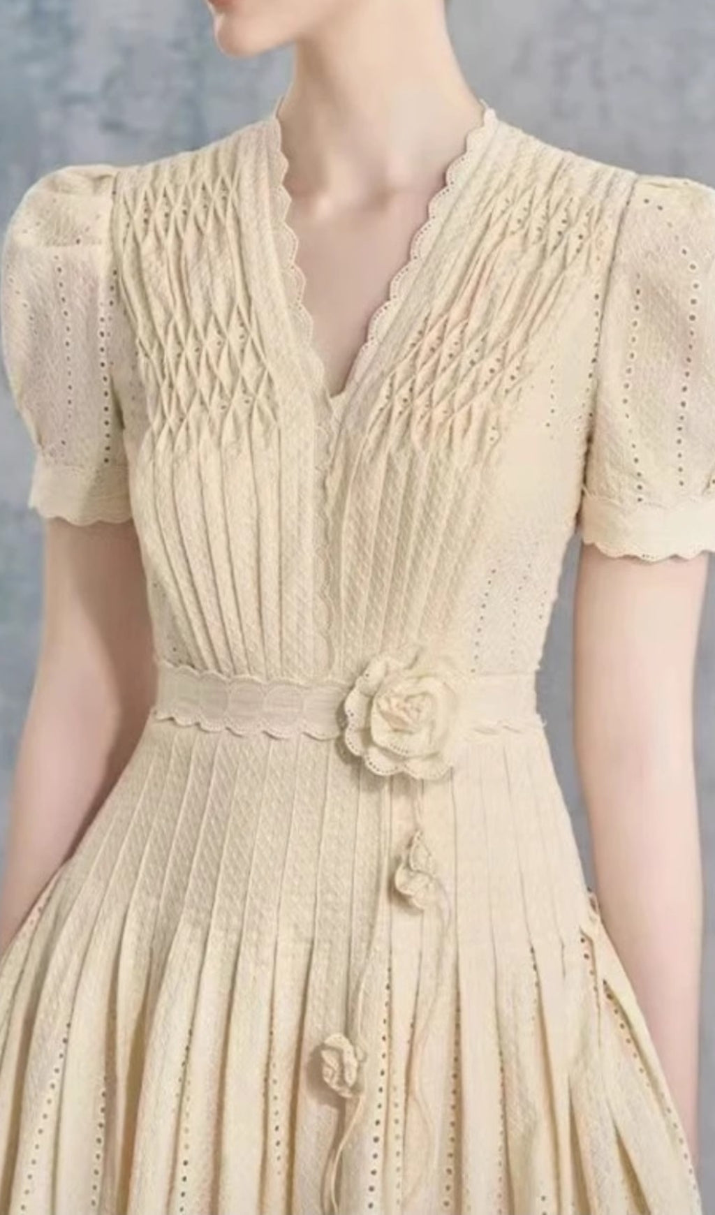 Cemile Chic Pleated Eyelet Mini Dress with 3D Floral Details