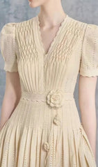 Cemile Chic Pleated Eyelet Mini Dress with 3D Floral Details