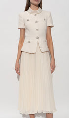 Elegant Cream Embellished Tweed-Style & Pleated Midi Dress