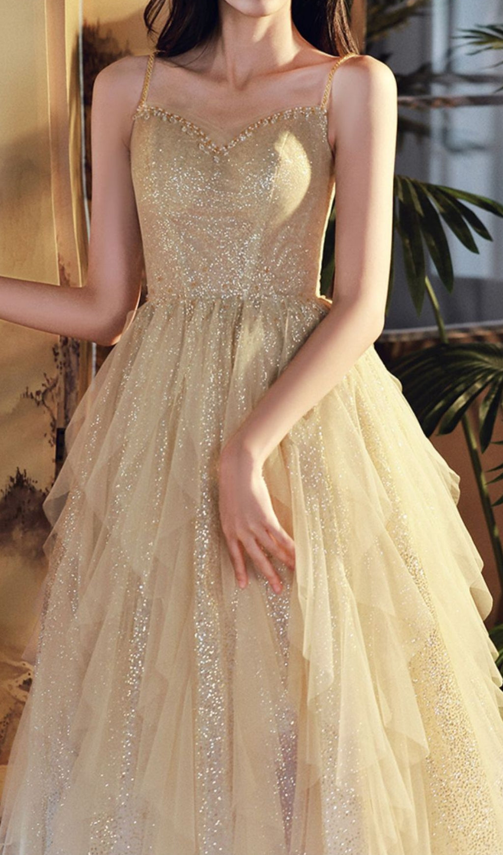 Chinara Sparkling Champagne Tiered Mesh Maxi Gown