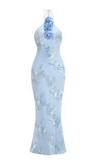 Elegant Bambi Blue Floral Halter Maxi Dress
