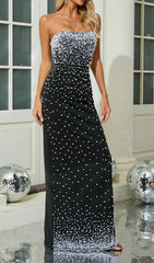Glamorous Black Strapless Pearl Embellished Maxi Dress