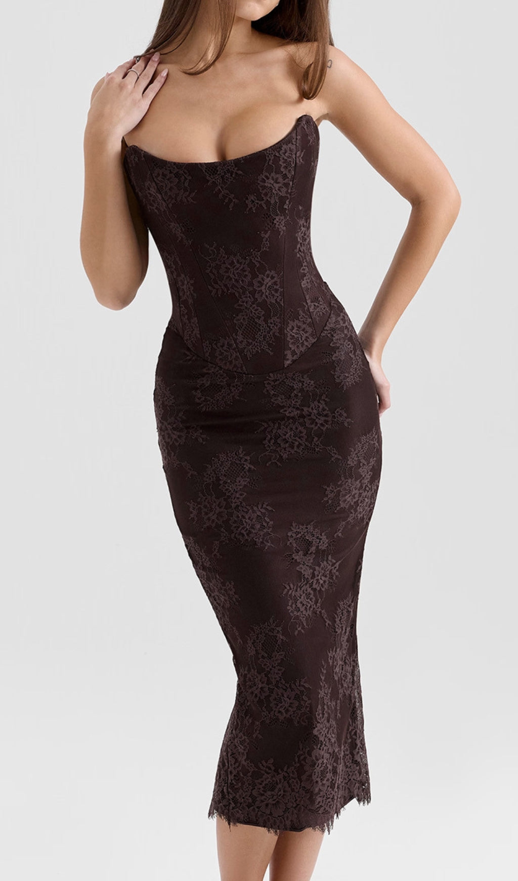 Deza Luxe Chocolate Lace Corset Midi Dress & Matching Bolero Set