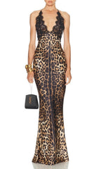 Joelle Halter Lace Leopard Maxi Dress