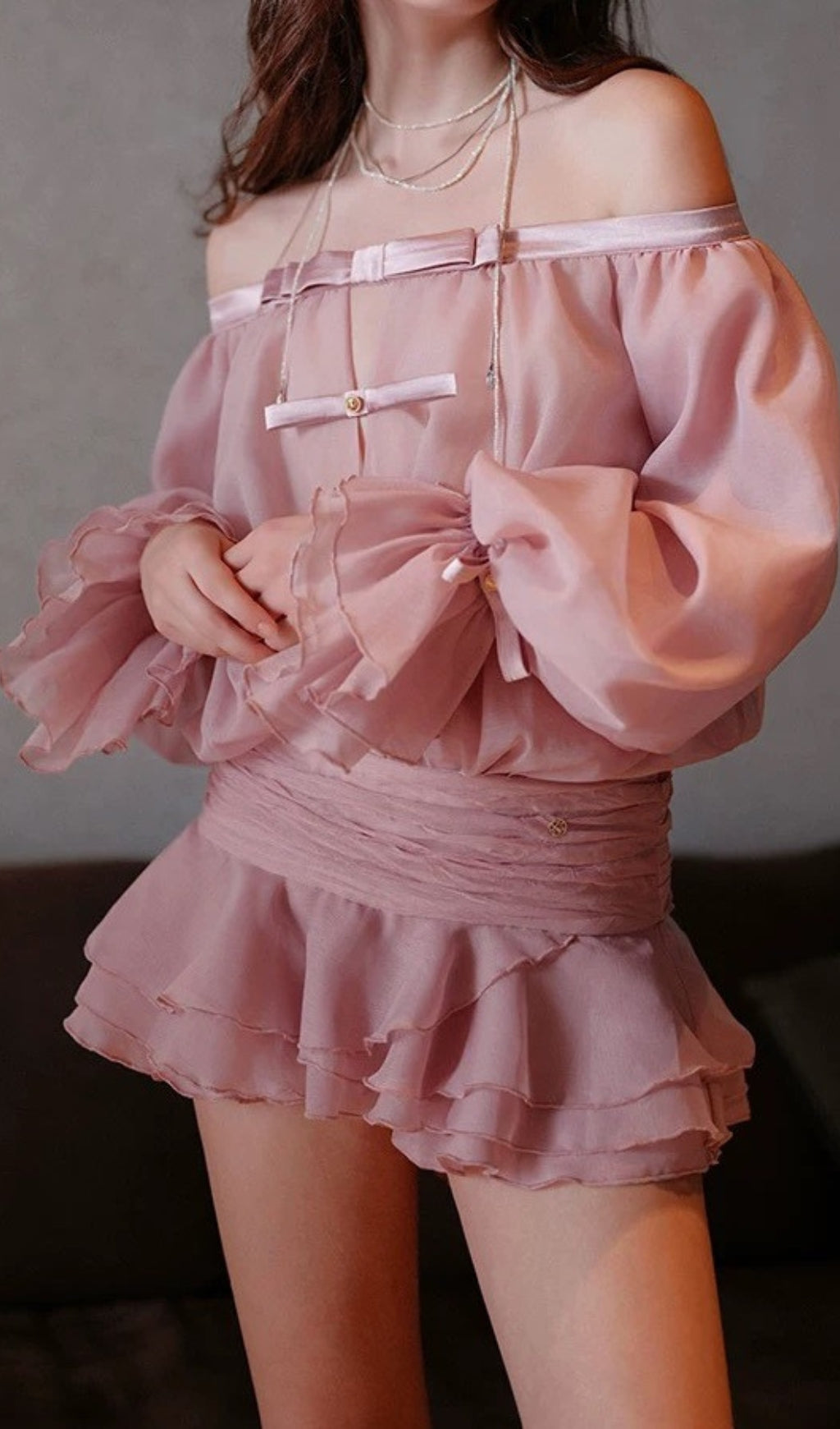 Darragh Elegant Blush Off-Shoulder Ruffle Skort Romper