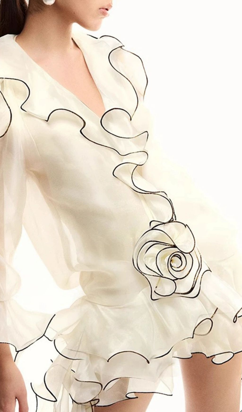Eudoxie Chic White Ruffle Mini Dress with Sheer Sleeves & Contrast Rose Detail