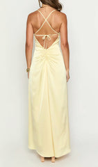 Devota Yellow Satin Strappy Backless Maxi Dress