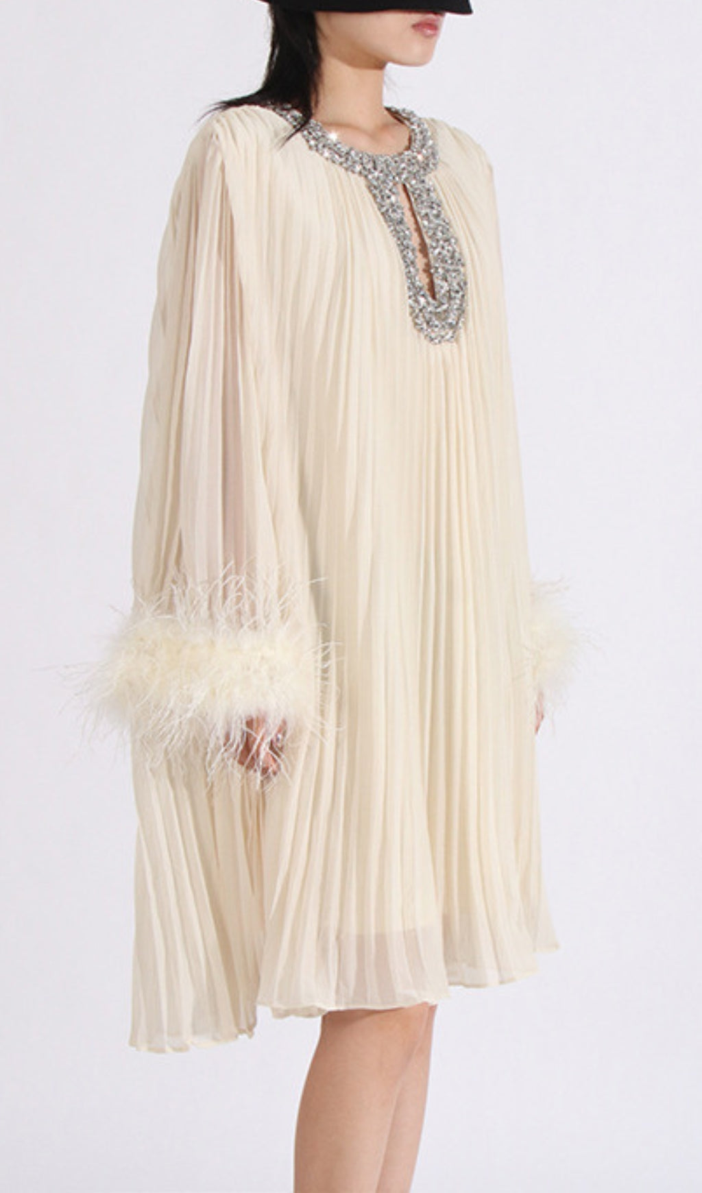 Dazzling Sky Blue Pleated Mini Dress with Feather Cuffs & Crystal Neckline