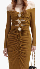 Bora Coffee Cutout Ruched Midi Dress