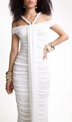 Buddug White Bardot Ruched Maxi Dress