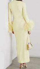 Chic Yellow Feather Cuff Maxi Dress