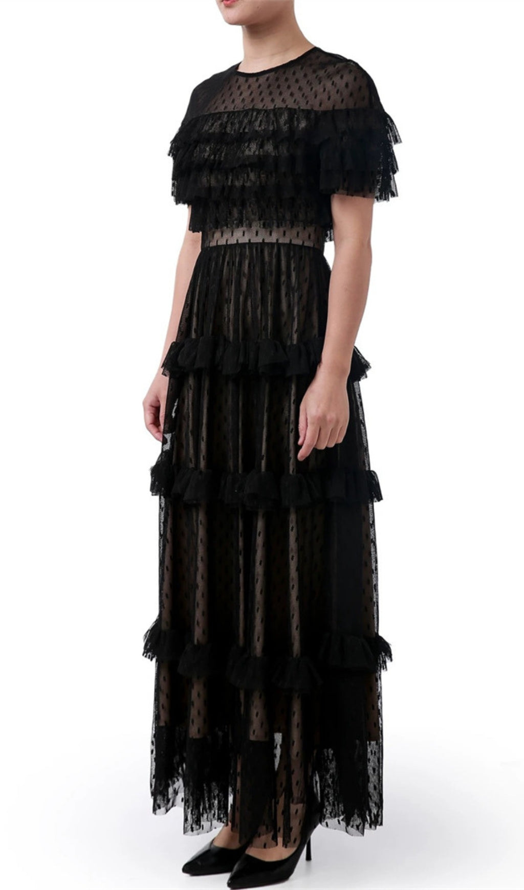 Dyan Black Tiered Ruffle Mesh Maxi Dress