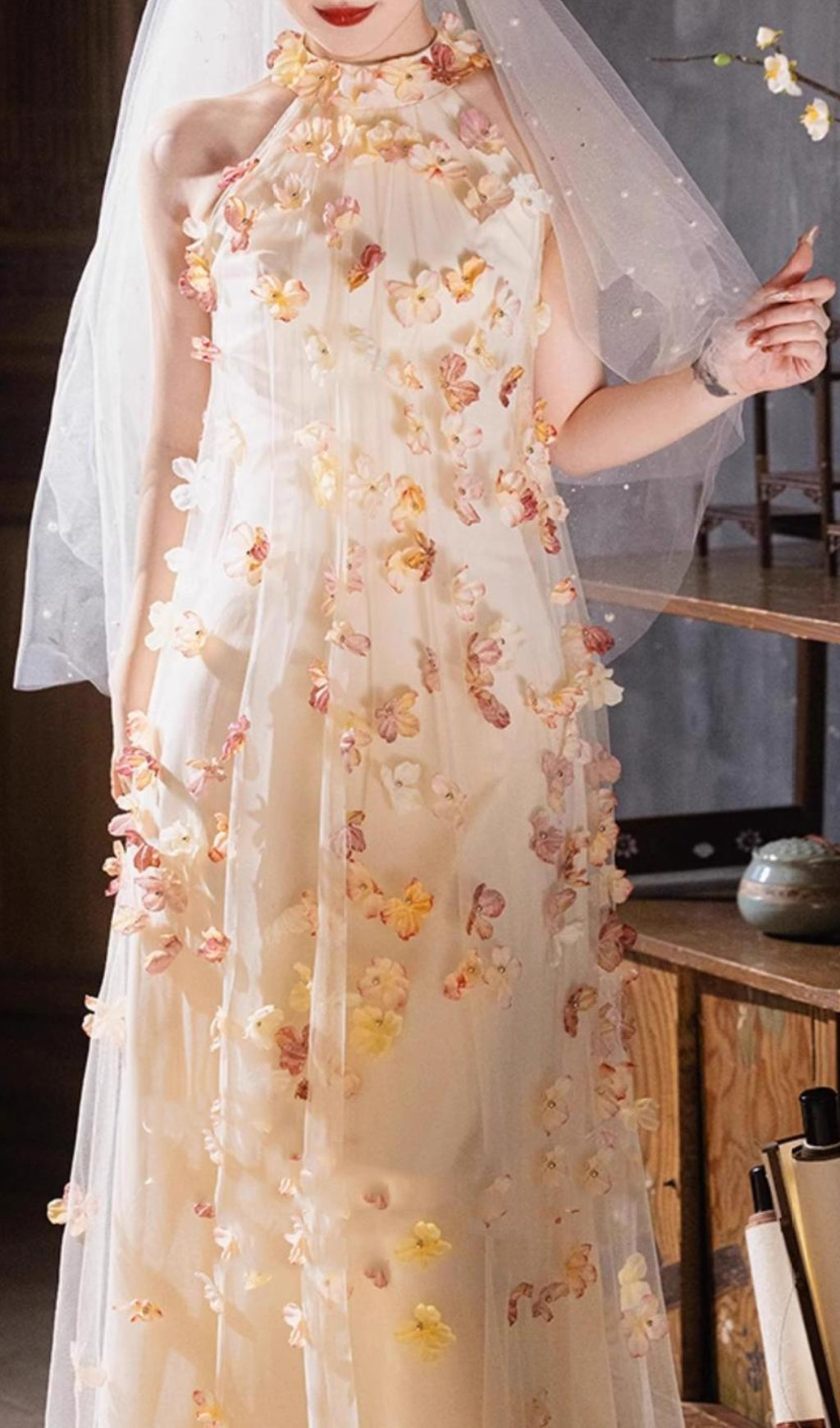 Ethereal Blossom Halter Mesh Maxi Dress