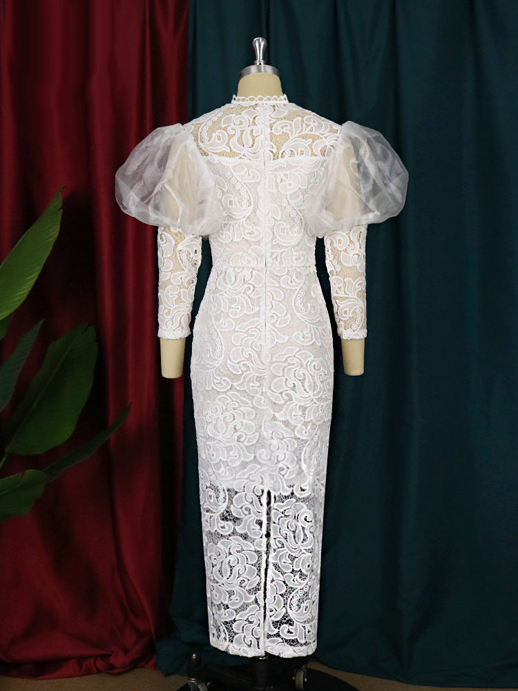 Elegant White Lace Puff Sleeve Midi Dress