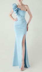 Ijlal Sky Blue One-Shoulder Ruffle Maxi Gown with Slit